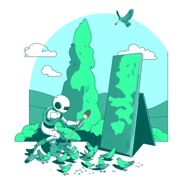 A serene landscape where an AI is interacting with wildlife, like painting a tree or feeding birds.