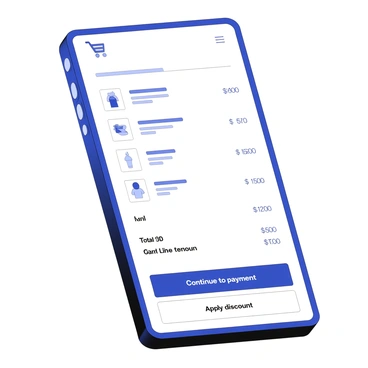 A smartphone displays a digital checkout process on its screen. The screen shows a "shopping cart" icon prominently at the top. Below the icon, there is a list of items being purchased, each with a small thumbnail image, a brief description, and the price next to it. There is a "total amount" section at the bottom of the list, clearly indicating the overall cost of the items. Buttons for "continue to payment" and "apply discount" are visible beneath the total amount, inviting user interaction.