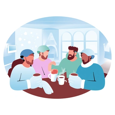 A group of three skiers is seated at a wooden table inside a cozy mountain lodge. Two skiers, wearing colorful ski jackets and helmets, are holding mugs of hot cocoa, with steam rising from the warm drinks. The third skier has removed their gloves and is resting their arms on the table. A rustic fireplace is visible in the background, providing warmth to the room. Snowflakes can be seen through the large windows, indicating a winter atmosphere outside. The lodge is decorated with wooden beams and a few ski memorabilia hanging on the walls.