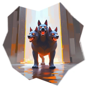 A three-headed dog named "Cerberus" stands majestically at the gates of the underworld. Each head is fierce and alert, with glowing eyes that seem to pierce through the shadows. Cerberus has a muscular build covered in thick, dark fur, with each head displaying distinct expressions of vigilance and strength. The gates behind him are large and ornate, embellished with intricate designs and ancient symbols. The atmosphere is somber, evoking a sense of power and mystery, with a dim, otherworldly light illuminating the scene.