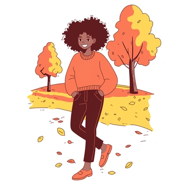 A black girl with curly hair is strolling through a park during autumn. She is wearing a cozy orange sweater and a pair of dark jeans. The ground is covered with a blanket of golden leaves that are gently falling from the trees above. There are a few trees in the background showing vibrant orange and yellow foliage. The girl has a joyful expression on her face as she walks, with her hands tucked into her sweater pockets.