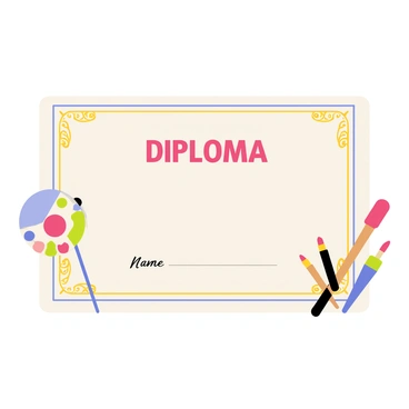 A diploma with a rectangular shape, featuring a border of intricate patterns in various colors. The background has an ornate design with swirling lines and shapes. In the center, the word "DIPLOMA" is prominently displayed in bold, stylized font. Below, there is a space for the recipient's name, framed by decorative flourishes. Various artistic elements, such as paintbrushes and a palette, are incorporated around the edges, adding a creative touch to the overall design.