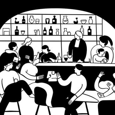 A dimly lit bar filled with patrons engaged in conversation at various tables. Some patrons are leaning in to share stories, while others are laughing. In the background, a bartender is standing behind the bar, polishing glasses with a cloth. The bar shelves are lined with various bottles, and a few glasses are scattered on the counter. The overall atmosphere conveys a sense of warmth and camaraderie.
