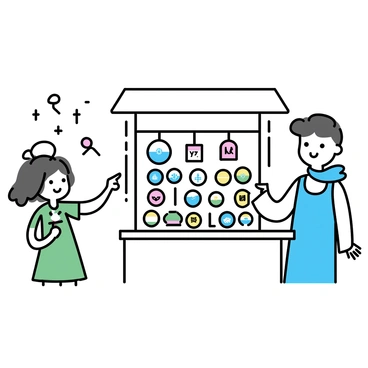 A street vendor is standing at a wooden stall, displaying a colorful array of badges and pins that celebrate "Republic Day." The badges feature symbols like the Indian flag, the Ashoka Chakra, and other patriotic designs. The vendor, wearing a white kurta and a blue scarf, is smiling while interacting with a customer. The customer, a young girl in a green dress, is pointing at a badge with enthusiasm. The background includes a few decorative elements like small flags and streamers representing the festive theme.