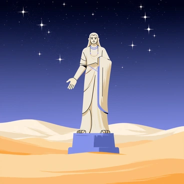 A large statue of "Adiyogi" stands majestically in the center of the image. The statue is intricately detailed, showcasing the serene expression and flowing hair of "Adiyogi". Surrounding the statue, vast sandy dunes stretch into the distance, reflecting the soft light of the starry sky. Above, a clear desert night sky is filled with bright, twinkling stars, casting a gentle glow over the scene. The atmosphere is peaceful, highlighting the connection between the statue and the cosmos.