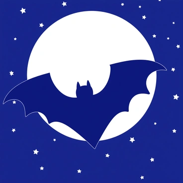 A bat is flying under a starlit sky. Its wings are outstretched, creating a clear silhouette against the large, prominent moon. Stars are scattered throughout the background, twinkling in a pattern that adds depth to the scene. The moon appears bright and detailed, casting soft light that highlights the bat's form. The overall composition captures the dynamic motion of the bat in flight, emphasizing the contrast between the dark figure and the illuminated moon.