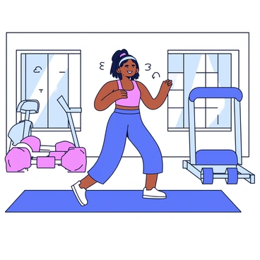 A fitness influencer is demonstrating a workout routine in a bright gym with large windows allowing natural light to flood the space. The influencer is wearing a fitted, colorful workout outfit. They are positioned in front of a set of exercise mats, with various weights and fitness equipment arranged neatly around them. The background features gym equipment such as dumbbells and a treadmill, all neatly organized. The influencer is smiling and engaging with an imaginary audience while performing an exercise.