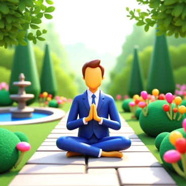 A CEO sitting cross-legged on a stone path, practicing mindfulness or meditation. The individual is wearing business attire, with a focused expression, surrounded by lush greenery and blooming flowers. The garden features a variety of plants, including tall trees and colorful flowering bushes. Soft sunlight filters through the leaves, casting gentle shadows on the ground, creating a tranquil atmosphere. A small water feature, such as a fountain or pond, is present nearby, adding a sense of calm to the scene.