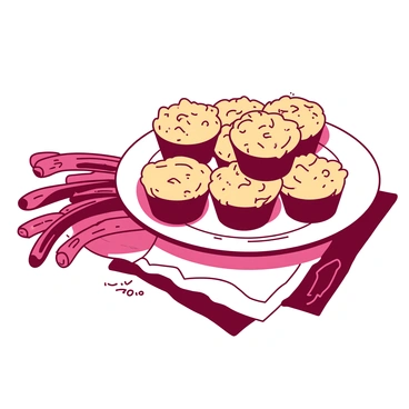 A white plate is filled with several freshly baked rhubarb muffins, each topped with a golden, crumbly topping. The muffins have a warm, inviting appearance, with their surfaces slightly glistening. The plate is placed on a rustic wooden table, and a few rhubarb stalks are arranged artistically beside it. A small, delicate napkin underneath the plate adds a touch of contrast.