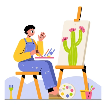 An artist is seated at a wooden easel in an open-air studio. The artist has short curly hair and is wearing a blue apron covered in paint splatters. On the easel, there is a canvas showcasing a colorful depiction of a green cactus with bright pink flowers. The cactus has several arms extending outward. Surrounding the cactus are various art supplies, including paintbrushes, tubes of paint, and a palette with splashes of color. In the background, there are hints of a blue sky and distant mountains, creating an open and airy atmosphere.