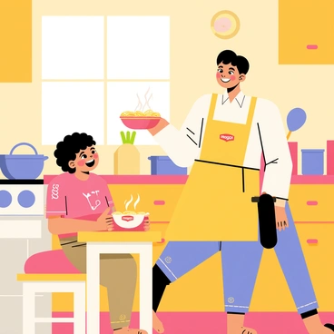 A warm kitchen scene featuring a parent serving a bowl of "Maggi noodles" to a child. The parent, wearing an apron, smiles while holding a steaming bowl. The child, with a look of excitement, sits at a small wooden table. Bright sunlight filters through a window, illuminating the kitchen with vibrant colors. Various kitchen utensils and a pot are visible on the stove, adding to the homey atmosphere. "Maggi noodles" are clearly visible in the bowl, steam rising from the surface.