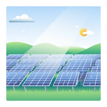 A vast field stretches out under a clear blue sky, filled with rows of solar panels reflecting sunlight. The solar panels are arranged in neat, parallel lines, glistening as they absorb the sun's rays. In the background, gentle hills rise, creating a natural boundary around the field. A few puffy white clouds dot the sky, casting soft shadows on the ground below. Lush green grass surrounds the panels, enhancing the vibrant scene of renewable energy harnessing the power of the sun.