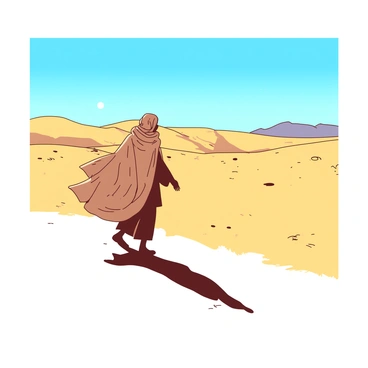 A lone wanderer dressed in a dusty, flowing cloak is walking across a vast desert landscape. The wanderer carries a large brown baluchon slung over one shoulder, with the fabric billowing slightly in the warm breeze. The desert stretches endlessly, with golden sand dunes rising and falling in the background. The sun is shining brightly, casting sharp shadows on the ground, and there are small patches of dry, cracked earth visible among the dunes. Above, a cloudless sky in a vibrant blue hue stretches across the horizon.