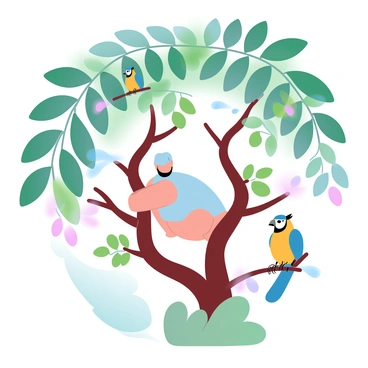 A small figure resembling "Polly Pocket" is climbing through a miniature rainforest canopy filled with lush green vines. Brightly colored birds with vivid plumage are perched on the branches nearby, adding pops of color to the scene. The leaves above create a dense layer, filtering the light and casting soft shadows below. The scene is rich with detail, showcasing the textures of the vines and the feathers of the birds in a vibrant display.
