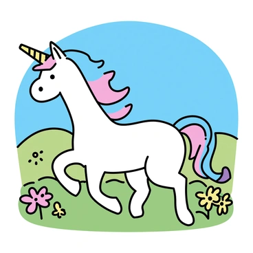 A unicorn with a white shimmering coat and a spiraled golden horn is prancing through a valley. The unicorn's mane flows elegantly, featuring hues of pastel pink and blue. Surrounding the unicorn, there are vibrant wildflowers in various colors, such as red, yellow, and purple. The grassy ground is a rich green, enhancing the brightness of the flowers. In the background, gentle hills rise, complementing the serene landscape. The sky above is a clear blue, providing a vivid backdrop to this enchanting scene.