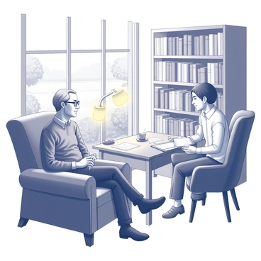 An experienced author sits comfortably in a large, plush armchair. They have a thoughtful expression as they lean forward, engaged in conversation. A young writer, seated across from them in a smaller chair, listens intently, with a notebook and pen in hand, ready to jot down notes. The cozy study is filled with bookshelves lined with numerous books, a small wooden desk cluttered with papers, and a warm desk lamp casting soft light. A steaming cup of tea rests on the desk, adding to the inviting atmosphere. A window behind them reveals a distant view of a garden, hinting at a tranquil setting outside.
