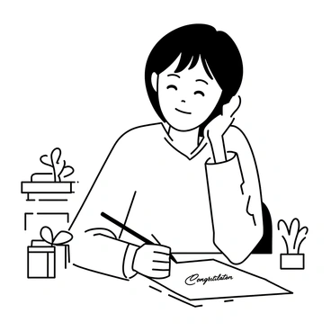A proud parent is sitting at a wooden table, writing in a graduation card. The card has "Congratulations" elegantly written in the center. The parent is wearing a casual sweater and has short hair. A wrapped gift with a large bow is placed next to the card on the table. The background includes a small potted plant and a stack of books, creating a warm atmosphere. The parent's focused expression shows their joy and pride in the moment.