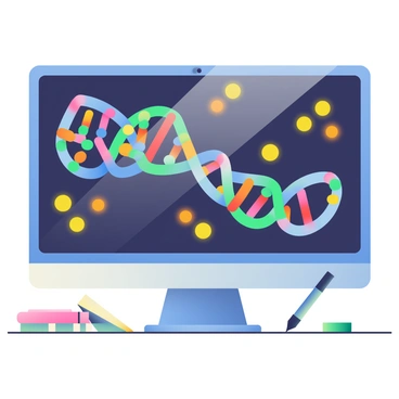 A computer screen displays a colorful map of a genome. The genome map is filled with vibrant colors such as blue, green, and red, representing different genes. Various sections of the genome are highlighted with glowing markers, showing specific genes in bright yellow and orange. The background of the screen is dark, enhancing the visibility of the colorful map. The desk surrounding the computer is cluttered with scientific papers and a notebook, and a pen lies next to the notebook.