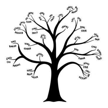 A family tree diagram prominently displayed on a white background. The central trunk of the tree splits into several branches, each labeled with various gender identities such as "non-binary," "transgender," "cisgender," and "genderqueer." Each branch extends outward to smaller twigs representing different relationships, such as "siblings," "parents," "partners," and "children." Lines connect the branches and twigs, illustrating the connections among them. The overall layout is organized and clear, demonstrating a diverse representation of gender identities and familial relationships.