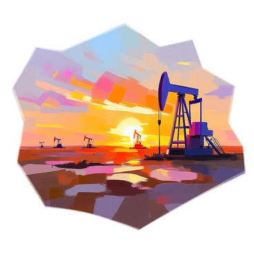 An expansive oil field stretches across the horizon, dotted with several pumpjacks actively working. The silhouette of the pumpjacks is prominent against a vibrant sunset sky, where shades of orange, pink, and purple intermingle. The ground is uneven and rugged, with patches of grass and dirt visible among the machinery. The sun hangs low on the horizon, casting long shadows from the pumpjacks. In the distance, a few scattered clouds reflect the warm colors of the sunset, creating a dramatic backdrop for the scene.
