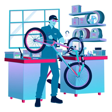 A mechanic with medium skin and short black hair is focused on repairing a BMX bike. He is wearing a blue jumpsuit, a black cap, and safety goggles. The bike is propped up on a workbench, showcasing its bright colors and intricate components. The workshop is cluttered with various tools, including wrenches, screwdrivers, and bike parts scattered across surfaces. There are shelves filled with spare tires and boxes labeled with different bike accessories. A window provides soft lighting, illuminating the details of the workspace and casting shadows across the floor.