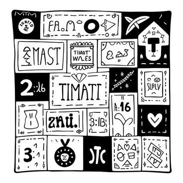 A quilt displayed flat, composed of various patches featuring intricate designs and textures. Each patch has detailed illustrations representing the themes of "2 Timothy 3:16." The words are depicted in decorative patterns across the patches, surrounded by ornate borders and embellishments. The quilt has a variety of patch shapes, including squares and rectangles, and is layered with stitching that enhances the texture.