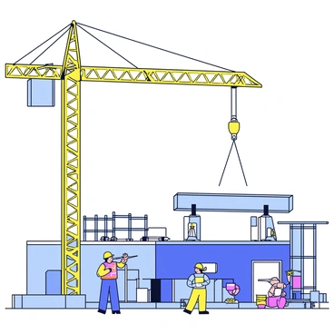 A construction crane with a bright yellow color is positioned at a bustling building site. The crane's arm extends high above, lifting heavy steel beams that glint in the sunlight. Below, workers in safety helmets and vests are directing the beams as they are hoisted into place. The background features a partially-built structure with scaffolding in sight. The ground is covered with construction materials and tools.