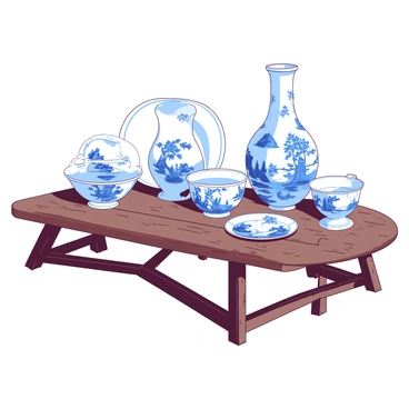 A collection of white Delftware pottery pieces, including vases, plates, and bowls, are arranged on a rustic wooden table. Each piece features intricate blue patterns depicting traditional scenes and floral designs. The table's surface is textured with visible grains and knots, enhancing the rustic feel. Soft natural light casts gentle shadows across the table, highlighting the delicate craftsmanship of the pottery.