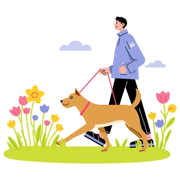 A person wearing a light blue jacket is walking a brown dog through a vibrant field filled with fresh spring flowers of various colors, including pink, yellow, and purple. The flowers are dotted with morning dew that glistens in the sunlight. The person has short black hair and is smiling as they stroll, holding onto a red leash attached to the dog. The sky above is clear with a few fluffy white clouds, and the green grass sways gently in the breeze.
