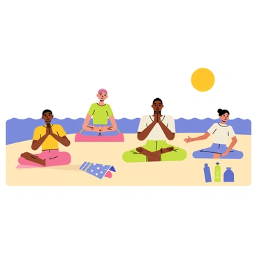 A diverse group of people practicing yoga on a sandy beach. Several individuals are engaged in different yoga poses, such as a woman in a downward dog position, a man in a tree pose, and another person in a seated lotus position. Each participant showcases various skin tones and body types, highlighting diversity. The sun is shining brightly, and gentle waves can be seen in the background, creating an atmosphere of tranquility and focus. Beach towels and water bottles are spread out nearby, adding to the scene.