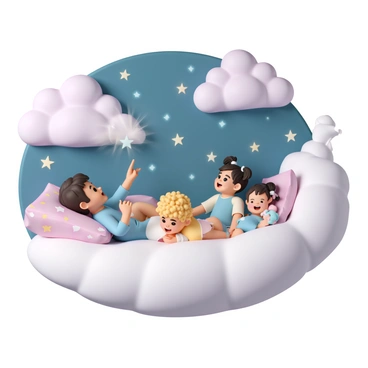 A group of three children, two boys and one girl, are lying on a large, fluffy bed that appears to be drifting through a sky filled with clouds and twinkling stars. The bed is adorned with colorful, patterned blankets and pillows. One boy, with short brown hair, is pointing at a sparkling star while wearing blue pajamas. The second boy, with curly blonde hair, is lying on his stomach, resting his chin on his hands, looking up at the clouds. The girl, with long black hair tied in two pigtails, is sitting up, giggling with excitement as she clutches a plush toy. The clouds are soft and billowy, glowing softly in shades of pink and purple, while the stars twinkle brightly against a deep blue backdrop.