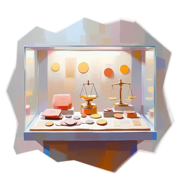 A display case in a museum featuring an assortment of ancient coins and economic artifacts. The coins are arranged in an organized manner, showcasing their intricate designs and varying sizes. Surrounding the coins are small wooden plaques with descriptions of each item's historical significance. There are also clay tablets inscribed with cuneiform writing and an ancient scale made of bronze, hinting at trade practices of the past. The case is well-lit, illuminating the artifacts and casting soft shadows that enhance their details. The backdrop consists of a muted wall color, providing a contrast that draws attention to the display.