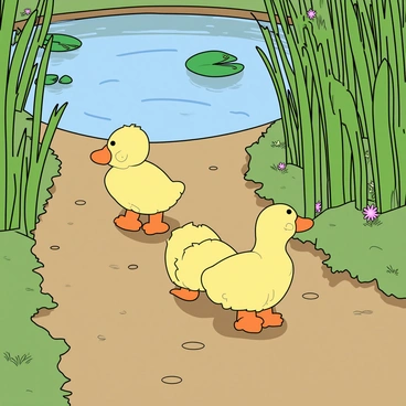 A group of three fluffy yellow ducklings with tiny orange beaks waddles along a muddy path. They are surrounded by tall green reeds gently swaying in the breeze. The ducklings are partially reflected in the still water of a pond, where the surface glimmers under the sunlight. In the background, the pond is dotted with lily pads and a few colorful flowers peeking through the foliage. The scene captures a playful moment as the ducklings curiously explore their environment.
