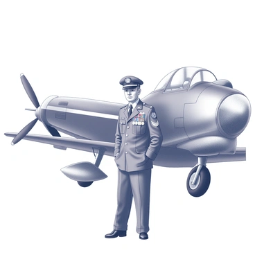 An Air Force veteran stands proudly next to a vintage aircraft. The veteran is dressed in a military uniform adorned with various medals and insignia. The aircraft is a classic warplane, featuring a rounded nose and a propeller, showcasing its distinct historical design. The veteran's posture is upright and confident, reflecting years of service. In the background, a clear sky sets the scene, highlighting the aircraft's metal surfaces and the veteran's determined expression.