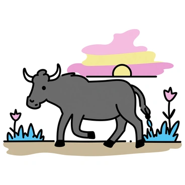 A carabao walking along a dirt path. The carabao has a thick, dark brown coat and large curved horns. The path is surrounded by tall grass and wildflowers on either side. In the background, a vibrant sunset casts a colorful palette of oranges, pinks, and purples in the sky, illuminating the scene. The sun is setting just above the horizon, adding a warm glow to the landscape.