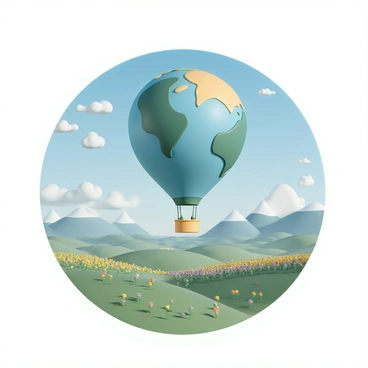A large hot air balloon, shaped like a globe with vibrant blue oceans and green landmasses, floats gracefully in the sky. The balloon's colorful patterns reflect sunlight, creating a sparkling effect. Below, an expansive landscape unfolds with rolling hills covered in lush green grass, interspersed with fields of bright flowers in various colors such as yellow, red, and purple. In the distance, majestic mountains rise against a clear blue sky, adding depth to the scenery. The scene is peaceful, with soft white clouds drifting by, enhancing the beauty of the moment.