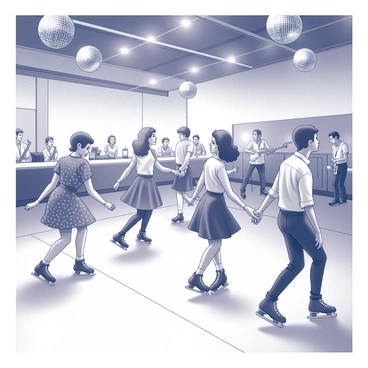 An indoor roller skating rink bustling with activity. The wooden floor reflects the movement of skaters gliding smoothly. The rink is filled with skaters wearing 1950s attire, including poodle skirts and rolled-up jeans, showcasing a variety of patterns and textures. Some skaters are holding hands while others spin joyfully. Brightly lit disco balls hang from the ceiling, casting dynamic patterns of light across the scene. In the background, a small band plays lively music, with instruments like a saxophone and guitar visible. The atmosphere is filled with the energy of people enjoying themselves on roller skates.