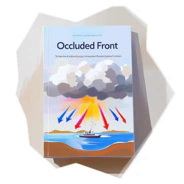 The cover of an educational ebook about weather features a detailed illustration of an "occluded front." The illustration shows a layered weather system with a cold front and a warm front merging. The cold front is depicted with blue arrows moving towards the warm front, which is represented with red semicircles. Above the fronts, there are clouds of various shades, indicating precipitation. Additionally, the title of the ebook is prominently displayed at the top in bold letters, while a subtitle about weather phenomena is placed below it. The background is a subtle gradient representing a clear sky transitioning into stormy weather.