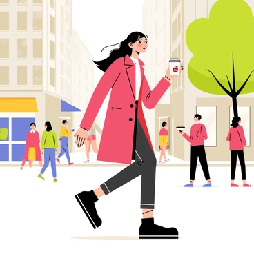 A woman confidently walking down a bustling city street. She is wearing a bright red coat and stylish black boots, with her hair flowing in the wind. In her right hand, she holds a white cup of coffee, with steam rising from it. The background features tall buildings with large windows and colorful storefronts. People are walking past her, creating a lively atmosphere. A green tree is visible on the side of the street, adding a touch of nature to the urban scene.