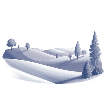 A landscape featuring rolling hills under a clear sky. The hills are gently curved and can be seen stretching into the distance. Scattered across the hills are various trees, some tall and slender, while others are short and bushy. The trees have intricate branches and detailed leaves. In the foreground, small wildflowers can be seen dotting the grassy area, adding texture to the scene. The overall composition conveys a sense of tranquility and harmony within nature.