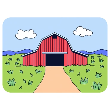 A rustic red barn with a weathered wooden exterior, featuring a large sliding door and a ventilated loft. The barn is situated in a green countryside, surrounded by vast fields of tall grass that sway gently in the breeze. A dirt path leads from the front of the barn toward the horizon, where a bright blue sky is dotted with fluffy white clouds. In the distance, there are rolling hills that add to the rural landscape. The scene is framed on a 9x12 illustration board.