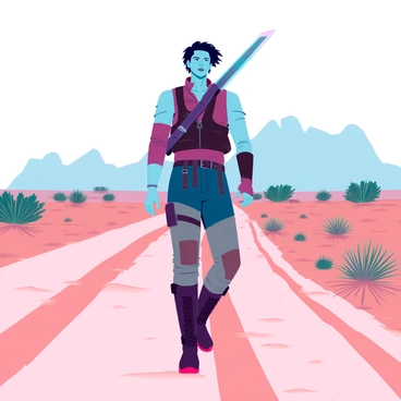 A lone traveler with sun-kissed skin and tousled hair is walking along a dusty road that stretches into the horizon. They are wearing rugged, weathered clothing suitable for a journey, with a leather vest and sturdy boots. A sword is slung across their back, its hilt visible above their shoulder, glinting in the sunlight. The road is bordered by sparse vegetation and distant mountains, creating a sense of isolation. The traveler is looking ahead, determination in their gaze, as dust swirls around their feet from the dry earth.