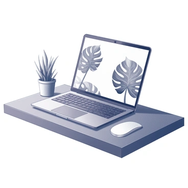 A laptop positioned on a wooden desk. The laptop features a skin cover that is designed with an intricate pattern of monstera leaves. The leaves are delicately illustrated, showcasing their distinctive split and perforated edges. The laptop is open, displaying a sleek, modern keyboard. On the desk beside the laptop, there is a small potted plant, adding to the natural aesthetic of the scene. A soft light source creates gentle shadows on the surface, highlighting the details of the leaf design on the laptop cover.