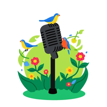A microphone amidst a lush green garden with birds perched on it