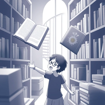 An anime character with glasses is standing amidst towering bookshelves in a vast library. The character has an expression of wonder and excitement. They are surrounded by an array of ancient, magical books with intricate designs on their covers. Soft light filters through large, arched windows, illuminating the pages of an open book that floats in the air. The shelves are filled with scrolls and artifacts that hint at the enchantment of the space. In the background, a spiral staircase winds upward, leading to more books and mysteries yet to be uncovered.