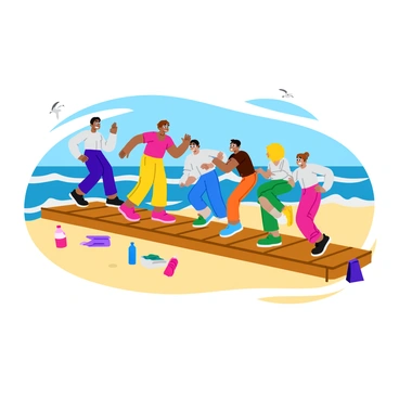 A diverse group of people performing step-ups on a wooden boardwalk during a beach workout session. The individuals include three men and two women, all wearing colorful athletic clothing. The sun casts bright light over the scene, highlighting the sand and waves in the background. Each person has a determined expression as they lift their feet onto a sturdy wooden platform. A few workout accessories, like water bottles and towels, are scattered nearby on the boardwalk. Seagulls can be seen flying above, completing the lively beach atmosphere.