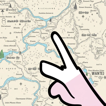 A finger, adorned with a silver ring, is positioned delicately on an old, weathered map. The map features intricate illustrations and faded text, with geographical features like mountains, rivers, and forests depicted in muted colors. The finger is pointed firmly towards the top of the map, indicating north. The contrast between the vivid detail of the finger and the aged texture of the map creates a visual focal point.