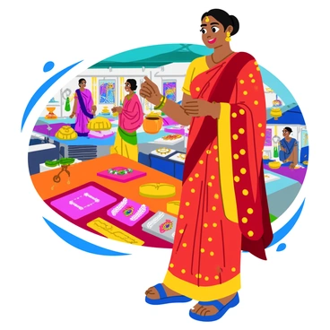 A fashionable Indian woman wearing a vibrant traditional outfit with intricate patterns is browsing through a collection of handmade jewelry at a local artisan market. Her attire features rich colors, such as deep red and gold, and she accessorizes with a matching dupatta draped elegantly over her shoulder. The market is filled with various stalls showcasing colorful beaded necklaces, silver bangles, and delicate earrings. The woman examines a beautiful necklace adorned with colorful gems, while the background includes other shoppers and artisans, showcasing the lively atmosphere of the market. Brightly colored fabric and handcrafted items are displayed around her, adding to the visual richness of the scene.