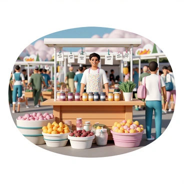 A vibrant farmers market bustling with activity, featuring various stalls and colorful displays of fresh produce. In the foreground, a vendor stands behind a wooden table, proudly showcasing an assortment of homemade jams in glass jars. The vendor is smiling, wearing an apron with colorful patterns. Handwritten "Sold Out" tags hang from each jar, signaling their popularity. Surrounding the vendor are baskets overflowing with fruits and vegetables, while customers browse nearby, creating a lively atmosphere filled with bright colors and textures.
