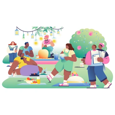 Guests and hosts rushing around setting up a last-minute garden party